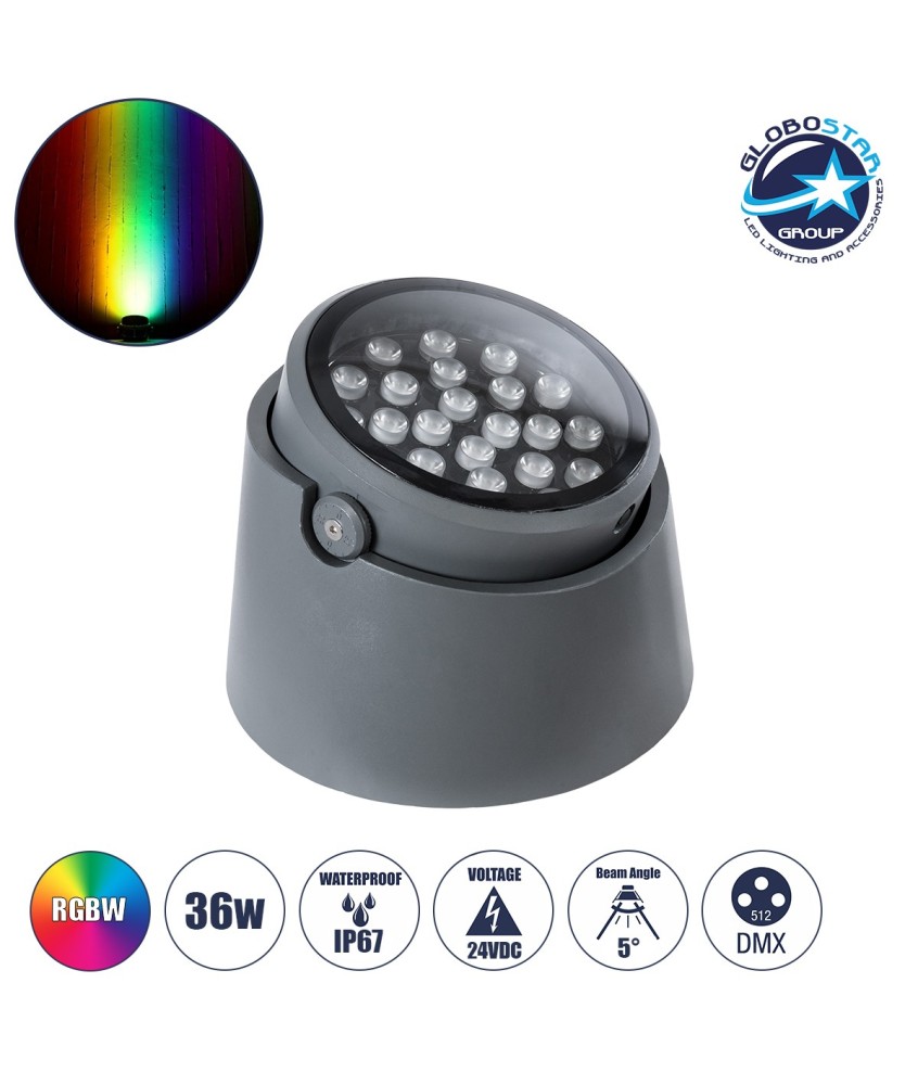 GloboStar® FLOOD-RANA 90751 Κινούμενος Προβολέας - Σποτ Φωτισμού Wall Washer για Φωτισμό Κτιρίων LED 36W 3060lm 5° DC 24V Αδιάβροχο IP67 Φ26 x Υ18cm RGBW DMX512 - Γκρι Ανθρακί - 3 Χρόνια Εγγύηση